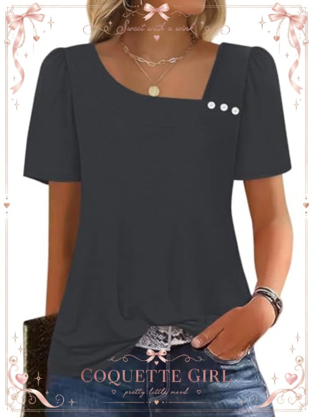 Square Neck Puff Sleeve T-Shirt Asymmetrical Button Loose Fit Summer Top